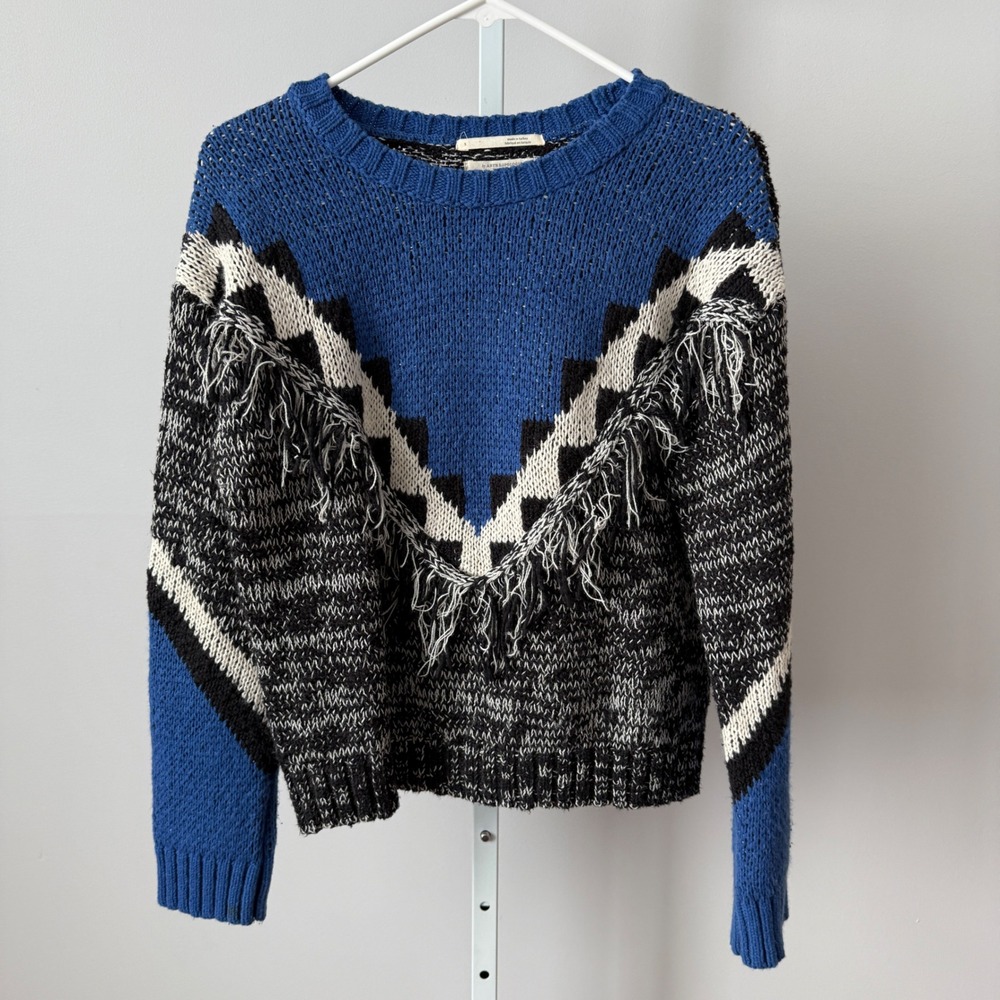 Anthropologie sz S Blue Geo Fringe Knit Sweater Boho Festival Lagenlook